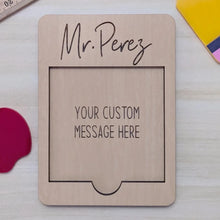 Load image into Gallery viewer, A wooden sticky note holder with a custom name engraved on the top
