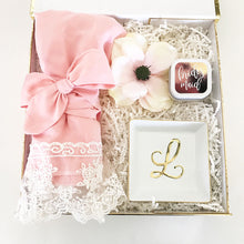 Load image into Gallery viewer, A bridesmaid gift box including a square candle and a monogrammed ring dish. 
