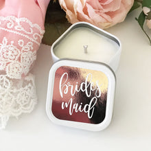Load image into Gallery viewer, Close up of a bridesmaid candle that can be used for the bridal party gifts
