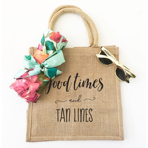 Burlap tote bag with the words 