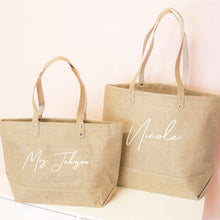 Load image into Gallery viewer, Personalized Jute bag with leather handle

