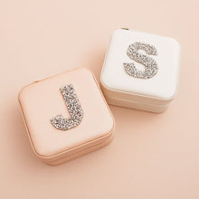 Load image into Gallery viewer, small blush pink and white travel jewelry boxes with a large sparkly monogram patch
