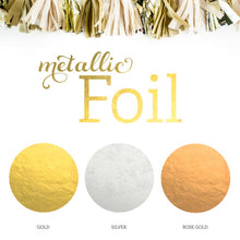 Load image into Gallery viewer, Sample of the three metallic foil color options for the candle labels. Includes gold, silver, and rose gold. 

